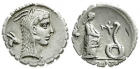 Römische Münzen
Römische Republik
L. Roscius Fabatus, 64 v.Chr.
Denar Serratus 64 v. Chr. Kopf der Juno Sospita mit Ziegenfell r., links Ziegenkopf...