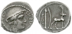 Römische Münzen
Römische Republik
Cn. Plancius (Aedilus Curulis), 55 v. Chr.
Denar 55 v. Chr. Kopf der Diana Planciana mit Petasus r./Agrimi (kreti...