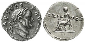 Römische Münzen
Kaiserzeit
Vespasian, 69-79
Denar 72/73. Bel. Kopf r./TRI POT. Roma sitzt l. 3,63 g. Stempelstellung 6 h. fast vorzüglich. RIC 359....