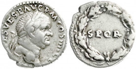 Römische Münzen
Kaiserzeit
Vespasian, 69-79
Denar 73. Bel. Kopf r./SPQR im Kranz. 3,18 g. Stempelstellung 6 h. gutes sehr schön. RIC 57.