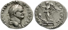 Römische Münzen
Kaiserzeit
Vespasian, 69-79
Denar 75. Bel. Kopf r./PON MAX TR P COS VI. Victoria auf Prora l. 3,34 g. Stempelstellung 6 h. sehr sch...