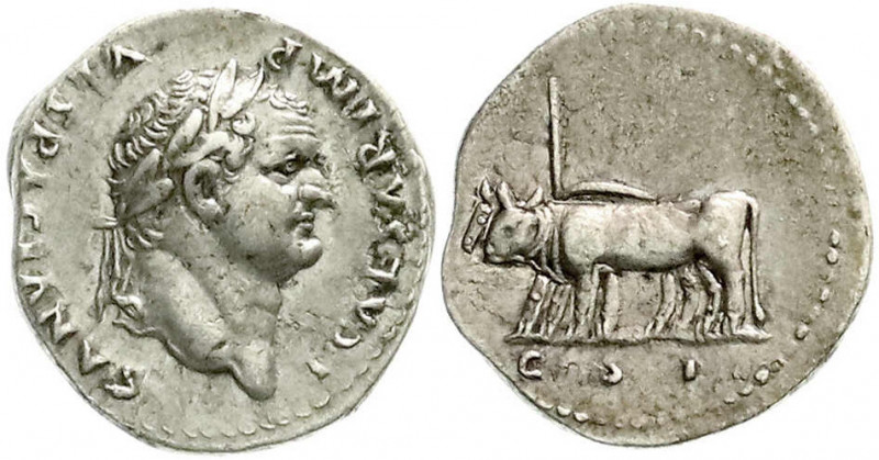 Römische Münzen
Kaiserzeit
Titus, 79-81
Denar 77/78. Belorb. Kopf r./COS (V)I...