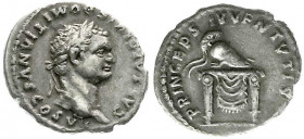 Römische Münzen
Kaiserzeit
Domitian, 81-96
Denar, als Caesar unter Titus 80. Belorb. Kopf r./PRINCEPS IVVENTVTIS. Helm auf Altar. 3,32 g. Stempelst...