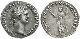 Römische Münzen
Kaiserzeit
Domitian, 81-96
Denar TRP VIIII = 91. Bel. Kopf r./IMP XXI COS XIIII CENS P PP. Minerva steht l. 3,44 g. Stempelstellung...