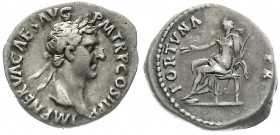 Römische Münzen
Kaiserzeit
Nerva, 96-98
Denar 97. Bel. Brb. r./FORTVNA PR. Fortuna thront l. 3,55 g. Stempelstellung 6 h. sehr schön. RIC 5.