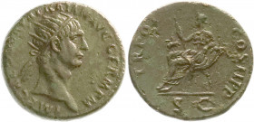 Römische Münzen
Kaiserzeit
Trajan, 98-117
Dupondius 98/99. Kopf mit Strahlenbinde r./TR POT COS II PP SC. Abundantia auf kurulischem Stuhl. 11,53 g...