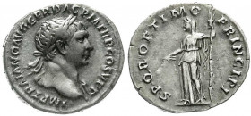 Römische Münzen
Kaiserzeit
Trajan, 98-117
Denar 107. Belorb., halbdrap. Brb. r./SPQR OPTIMO PRINCIPI. Ceres steht l. 3,24 g. Stempelstellung 7 h. s...