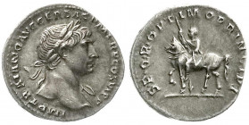 Römische Münzen
Kaiserzeit
Trajan, 98-117
Denar 112/114. Bel., halbdrap. Brb. r./SPQR OPTIMO PRINCIPI. Trajan zu Pferd l. 3,32 g. Stempelstellung 7...
