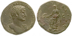 Römische Münzen
Kaiserzeit
Hadrian, 117-138
Dupondius 119/121. Halbdrap. Brb. r. mit Strahlenbinde/SPES PVBLICA SC. Spes steht l., hält Phiale, den...