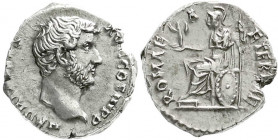 Römische Münzen
Kaiserzeit
Hadrian, 117-138
Denar COS III = 137/138. Barhäuptiger Kopf r./ROMAE AETERNAE. Roma thront l. 3,74 g. Stempelstellung 6 ...