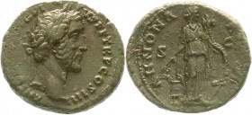 Römische Münzen
Kaiserzeit
Antoninus Pius, 138-161
As COS III = 140/144. Bel. Kopf r./ANNONA AVGVSTI SC. Anona steht r., hält Füllhorn, zu Füßen Al...