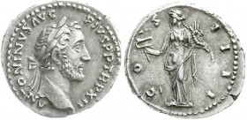 Römische Münzen
Kaiserzeit
Antoninus Pius, 138-161
Denar TRP XII = 148/149. Belorb. Kopf r./COS IIII. Felicitas steht l. mit Füllhorn und Caduceus....