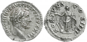 Römische Münzen
Kaiserzeit
Antoninus Pius, 138-161
Denar TRP XXIII = 159/160. Belorb. Kopf r./FORTVNA COS IIII. 2,84 g. Stempelstellung 6 h. vorzüg...