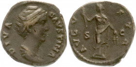 Römische Münzen
Kaiserzeit
Faustina senior, Gattin des Antoninus Pius, gest. 141
As, posthum 141/161. DIVA FAVSTINA. Drap. Brb. r./AVGVSTA SC. Steh...