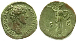 Römische Münzen
Kaiserzeit
Marcus Aurelius, 161-180
Sesterz, als Caesar 145. Barhäuptiger Kopf r./SC. Minerva steht r. 29,12 g. Stempelstellung 12 ...