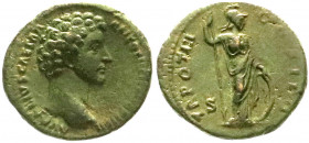 Römische Münzen
Kaiserzeit
Marcus Aurelius, 161-180
As, als Caesar, TR POT III = 149. Barhäuptiger Kopf r./TR POT III COS II SC. Minerva steht r. 1...