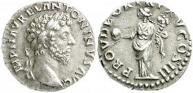 Römische Münzen
Kaiserzeit
Marcus Aurelius, 161-180
Denar TRP XV = 161. Belorb. Kopf r./PROV DEOR TRP XV COS III. Providentia steht l. 2,19 g. Stem...