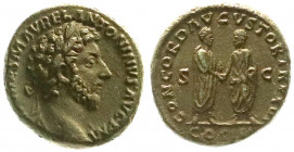 Römische Münzen
Kaiserzeit
Marcus Aurelius, 161-180
As TRP XVI = 161. Belorb. Kopf r./CONCORD AVGVSTOR TRP XVI COS III SC. Marcus Aurelius und Luci...