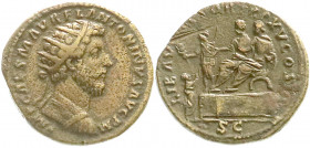 Römische Münzen
Kaiserzeit
Marcus Aurelius, 161-180
Dupondius TRP XV = 161. Halbdrap. Brb. mit Strahlenbinde r./LIB AVGVSTOR TRP XV COS III SC. Mar...