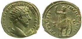 Römische Münzen
Kaiserzeit
Marcus Aurelius, 161-180
Dupondius TRP XVIII = 163. Kopf mit Strahlenbinde r./TRP XVIII IMP II COS III SC. Mars steht r....