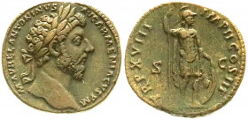 Römische Münzen
Kaiserzeit
Marcus Aurelius, 161-180
Sesterz TRP XVIII = 163. Belorb. Brb. r./TRP XVIII IMP II COS III SC. Mars steht r. 28,21 g. St...