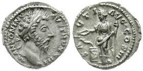 Römische Münzen
Kaiserzeit
Marcus Aurelius, 161-180
Denar TRP XXIII = 168. Belorb. Kopf r./SALVTI AVG COS III. Salus steht l., füttert Schlange im ...