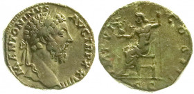 Römische Münzen
Kaiserzeit
Marcus Aurelius, 161-180
Sesterz TRP XXVIII = 173. Belorb. Brb. r./IMP VI COS III SC. Jupiter thront l. mit Victoriola. ...