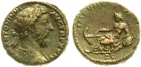 Römische Münzen
Kaiserzeit
Marcus Aurelius, 161-180
As, TRP XXIX = 174. Belorb., darp. Brb. r./IMP VII COS III SC. Flussgott Tiber lagert nach link...