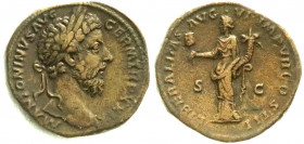 Römische Münzen
Kaiserzeit
Marcus Aurelius, 161-180
Sesterz TRP XXIX = 174. Belorb. Kopf r./LIBERALITAS AVG VI IMP VII COS III SC. Liberalitas steh...