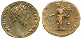 Römische Münzen
Kaiserzeit
Marcus Aurelius, 161-180
Sesterz TRP XXX = 175. Bel. Brb. r./TR P XXX IMP VIII COS III SC. Aequitas steht l. mit Füllhor...