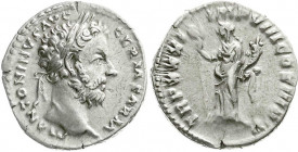 Römische Münzen
Kaiserzeit
Marcus Aurelius, 161-180
Denar TRP XXXI = 177. Belorb. Büste n.r./TRP XXXI IMP VIII COS III PP. Felicitas steht n.l., hä...