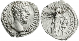 Römische Münzen
Kaiserzeit
Commodus, 177-192
Denar 188/189. Belorb. Kopf. r./MIN VICT P M TR P XIIII COS V DES VI. Minerva steht l., daneben Trophä...