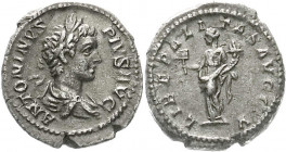 Römische Münzen
Kaiserzeit
Caracalla, 196-217
Denar 201/206. Bel., drap. Brb. r./LIBERALITAS AVGGV. Liberalitas steht l. mit Füllhorn und Rechenbre...