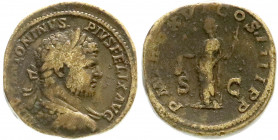 Römische Münzen
Kaiserzeit
Caracalla, 196-217
Sesterz TRP XVI = 213. Belorb., gepanzertes Brb. r./PM TRP XVI COS IIII PP SC. Libertas steht l., häl...