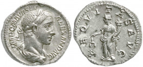 Römische Münzen
Kaiserzeit
Severus Alexander, 222-235
Denar 226. Bel. drap. Brb. r./AEQVITAS AVG. Aequitas steht l., hält Füllhorn und Waage. 2,68 ...