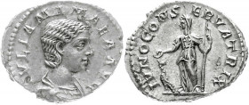 Römische Münzen
Kaiserzeit
Julia Mamaea, Mutter des Severus Alexander, gest. 235
Denar 223/235. Drap. Brb. r./IVNO CONSERVATRIX. Juno steht l., zu ...