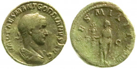 Römische Münzen
Kaiserzeit
Gordianus III. Pius, 238-244
Sesterz 238/239. Bel., drap. Brb. r./FIDES MILITVM SC. Fides steht l. 22,37 g. Stempelstell...