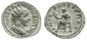 Römische Münzen
Kaiserzeit
Gordianus III. Pius, 238-244
Antoninian TRP IIII = 242. Belorb., drap. Brb. r./PM TRP IIII COS II PP. Pax thront l. Stem...
