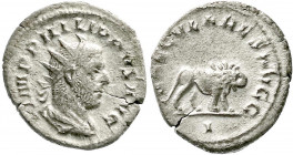 Römische Münzen
Kaiserzeit
Philippus I. Arabs, 244-249
Antoninian 247. Drap. Brb. mit Strahlenbinde r./SAECVLARES AVGG I. Löwe r. 3,13 g. Stempelst...