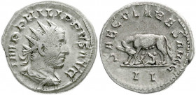 Römische Münzen
Kaiserzeit
Philippus I. Arabs, 244-249
Antoninian 247. Drap. Brb. mit Strahlenbinde r./SAECVLARES AVG II. Wölfin säugt Romulus und ...