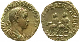 Römische Münzen
Kaiserzeit
Philippus II. Filius, 244-249
Sesterz 247/249. Bel. drap. Brb. r./LIBERALITAS AVGG III SC. Philippus und sein Vater auf ...