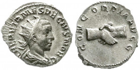 Römische Münzen
Kaiserzeit
Herennius Etruscus, 249-251
Antoninian 251. Drap. Brb. mit Strahlenbinde r./CONCORDIA AVGG. Handschlag. 3,05 g. Stempels...