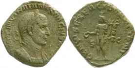 Römische Münzen
Kaiserzeit
Trajan Decius, 249-251
Sesterz 249/251. Bel., drap. Brb. r./GENIVS EXERC ILLYRICIANI SC. Genius steht l. 17,46 g. Stempe...
