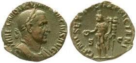 Römische Münzen
Kaiserzeit
Trajan Decius, 249-251
Sesterz 249/251. Bel., drap. Brb. r./GENIVS EXERC ILLYRICIANI SC. Genius steht l. 12,46 g. Stempe...