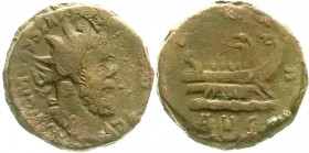 Römische Münzen
Kaiserzeit
Postumus, 259-268
Dupondius 259/260 Lugdunum. Drap. Brb. mit Strahlenbinde r./LAETITIA AVG. Galeere fährt r. 13,17 g. St...