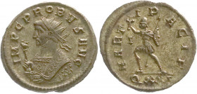 Römische Münzen
Kaiserzeit
Probus, 276-282
Antoninian 281, Ticinum. Büste im Prunkgewand mit Zepter und Strahlenbinde l./MARTI PACIF QXXI. Mars l.,...
