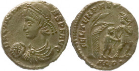 Römische Münzen
Kaiserzeit
Constans, 333-350
Maiorina 337/350, Aquileia. Diademierte Büste mit Chlamys und gehaltener Weltkugel l./FEL TEMP REPARAT...