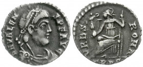 Römische Münzen
Kaiserzeit
Valens, 364-378
Siliqua 364/378 Trier. Drap., diad. Brb. r./VRBS ROMA TRPS. Roma thront l., hält Victoriola. 1,71 g. Ste...