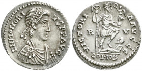 Römische Münzen
Kaiserzeit
Honorius, 393-423
Beckersche Fälschung einer "Miliarense" 402/406, Ravenna in Silber. 4,62 g. Stempel dem Solidus nachge...