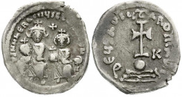Byzanz
Kaiserreich
Heraclius, 610-641
Hexagramm 625/629 Heraclius und Heraclius Constantin thronend v.v./Stufenkreuz und K. sehr schön. DOC 64. Sea...